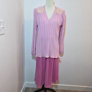 Vintage 70s Dusty Pink Pleated Midi Dress Large Long Sleeve Layered Embelished